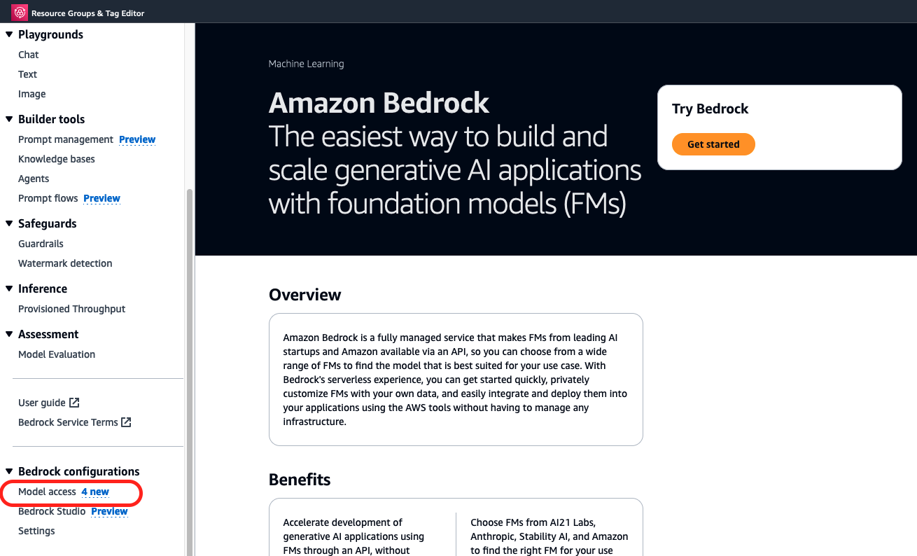 AWS 控制台左侧面板的截图，显示了 Bedrock 模型访问权限。