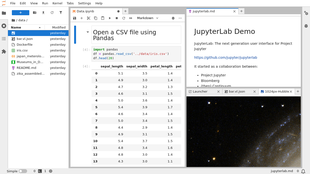 JupyterLab showing the file browser, notebook, and several other open files.