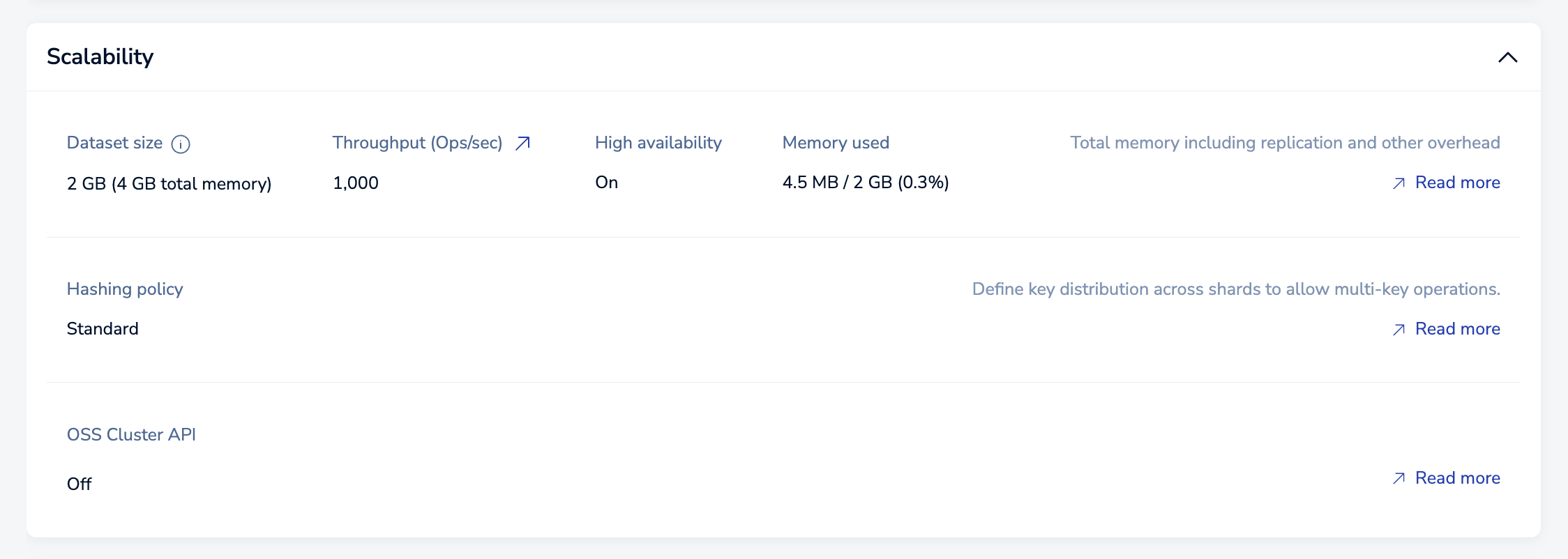 Use the Scalability section to control the size, throughput, and hashing policy for a database.