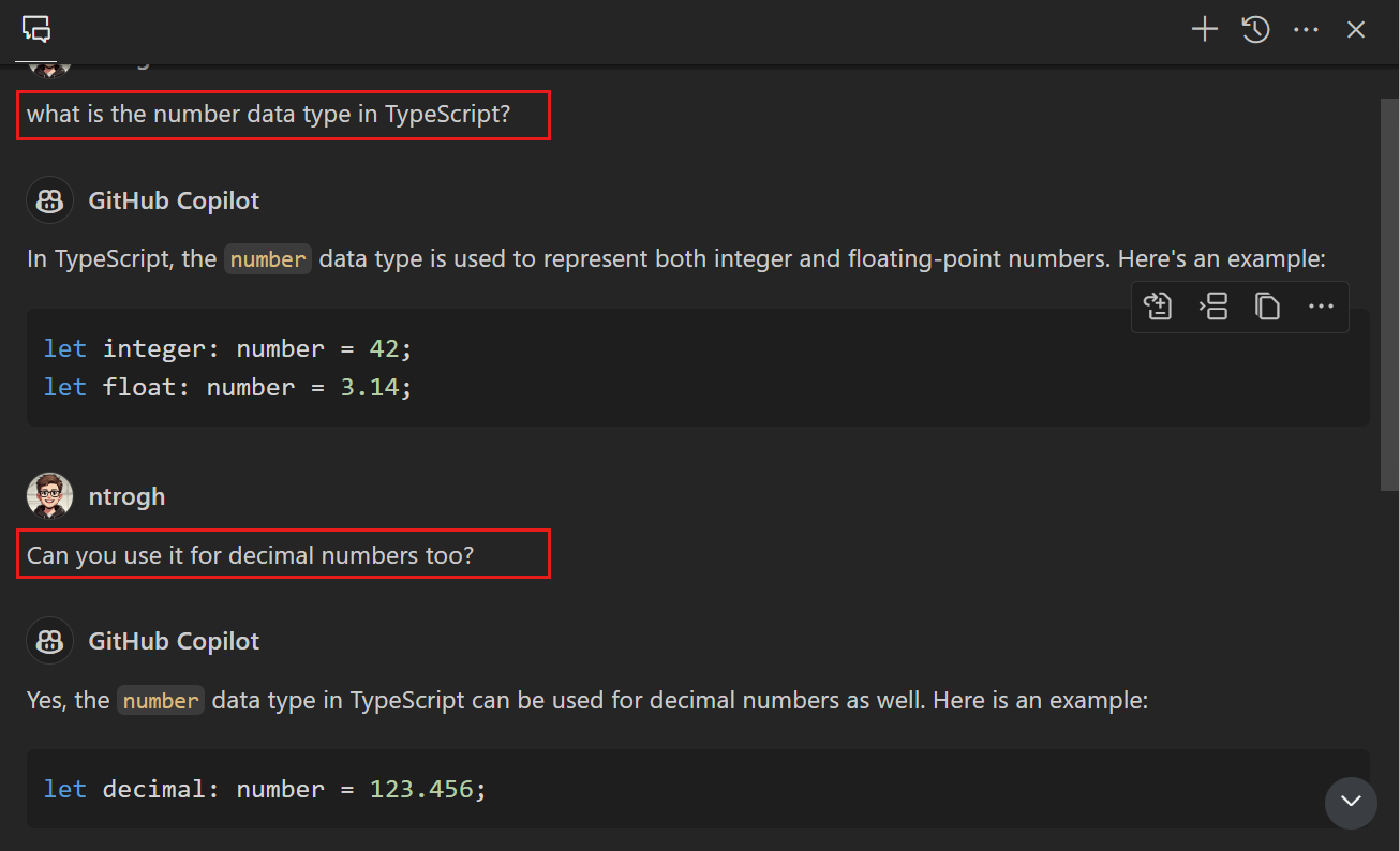 聊天视图包含多个提示,其中Copilot理解'it'指的是第一个提示。