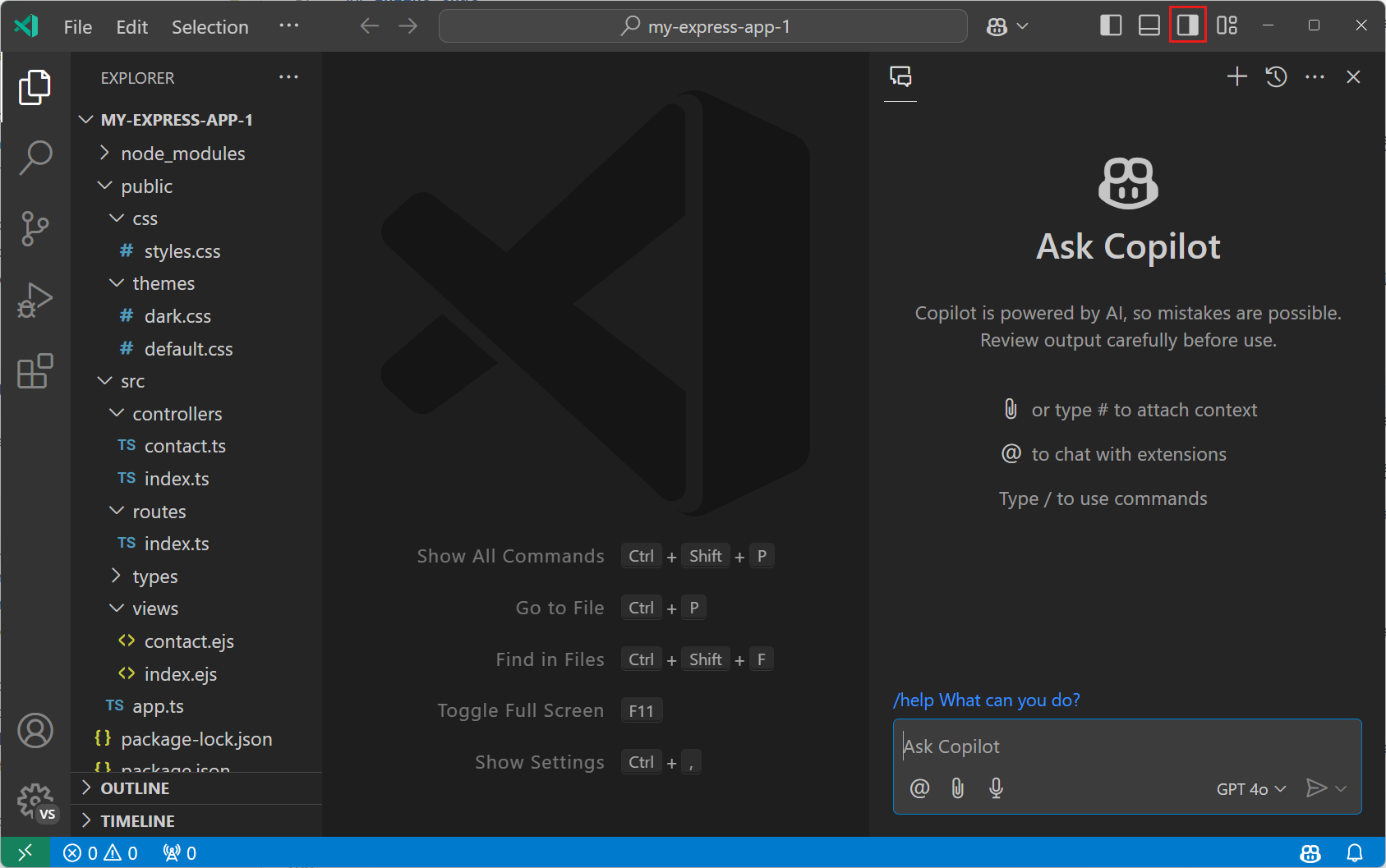 Copilot聊天视图在辅助侧边栏中,资源管理器视图在主侧边栏中。