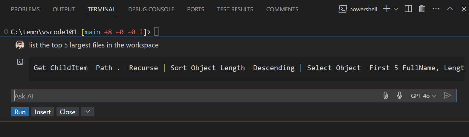 截图显示你可以问复杂的问题,比如“列出src目录中最大的5个文件”