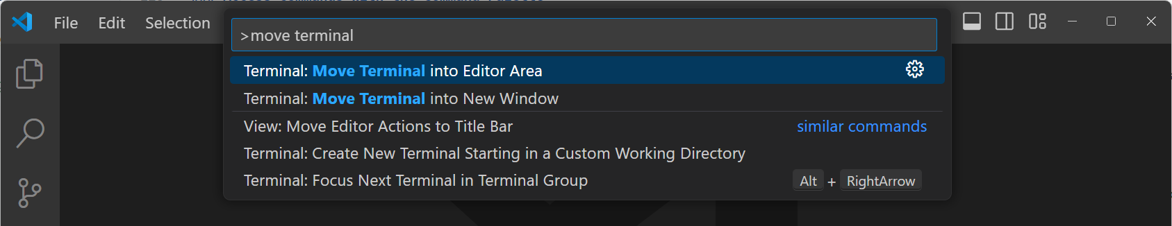 显示命令面板的截图,列出了移动终端的条目。