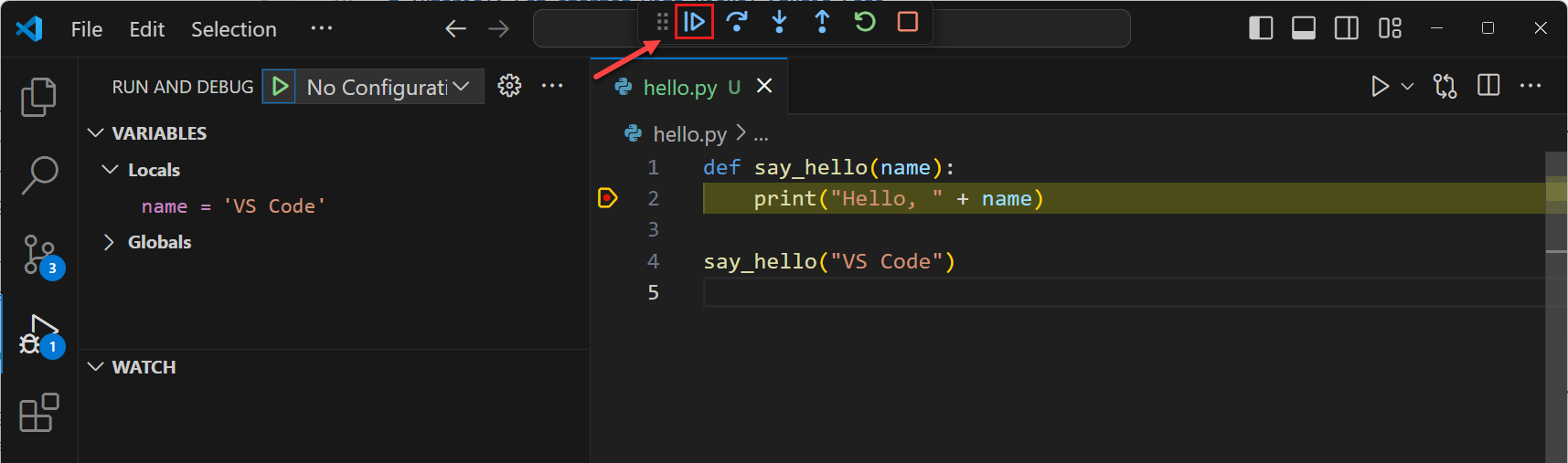 显示调试工具栏的截图,其中继续按钮被高亮显示。