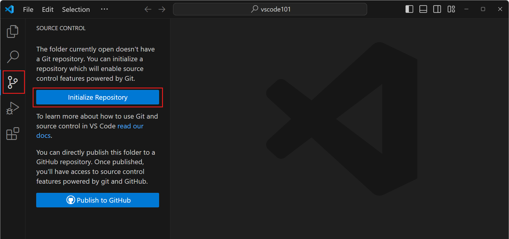 显示源代码控制视图的截图,突出显示了初始化仓库按钮。