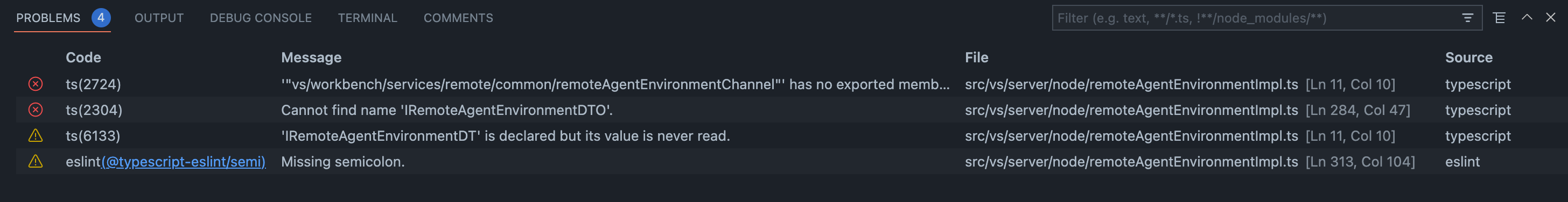 问题面板表格视图